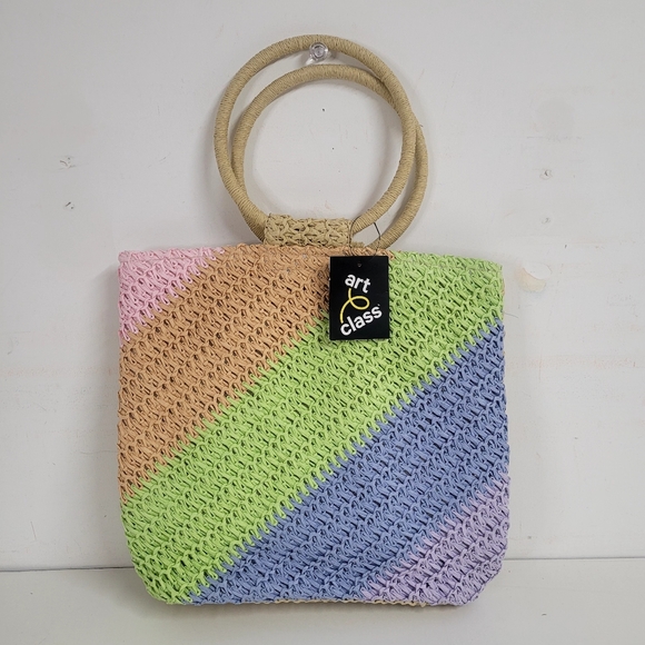 New! Girls' Striped Paper Straw Tote Handbag Purse - Art Class - Picture 2 of 9